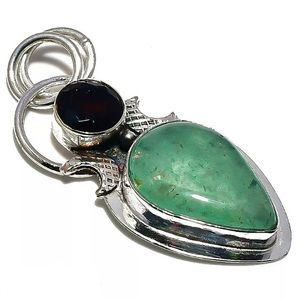 Green Aventurine Gemstone and Garnet Pendant 925 Sterling Silver Necklace 1.77”